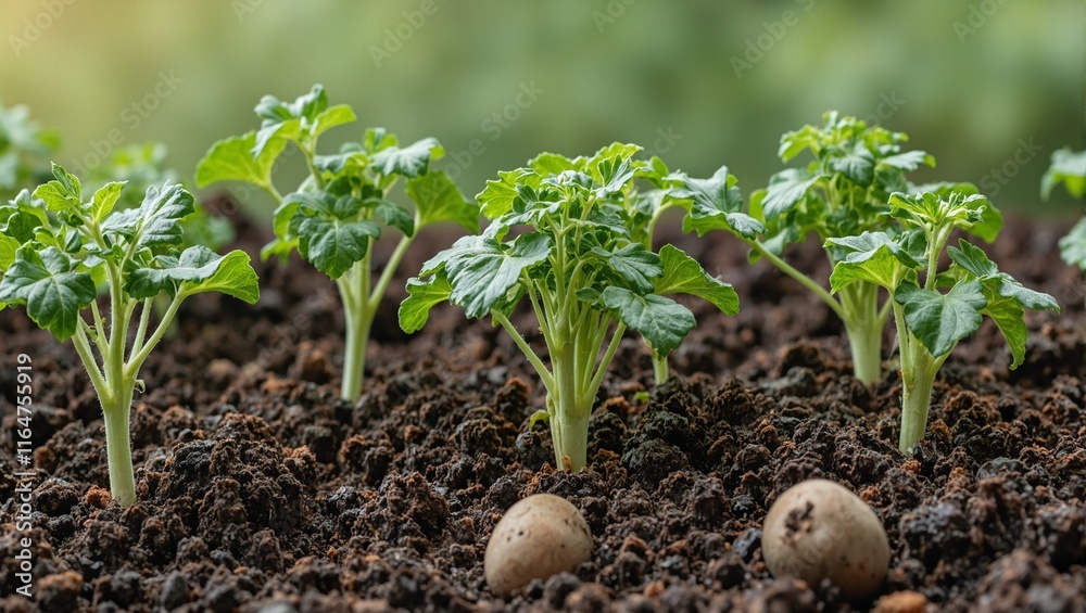 Vibrant potato plants emerging from crumbly soil striking contrast of green leaves and earthy tones