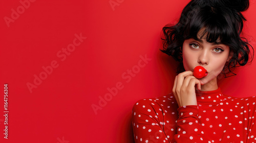 A playful girl dons a devil costume and chews bubble gum, radiating mischief and fun in her colorful outfit. photo