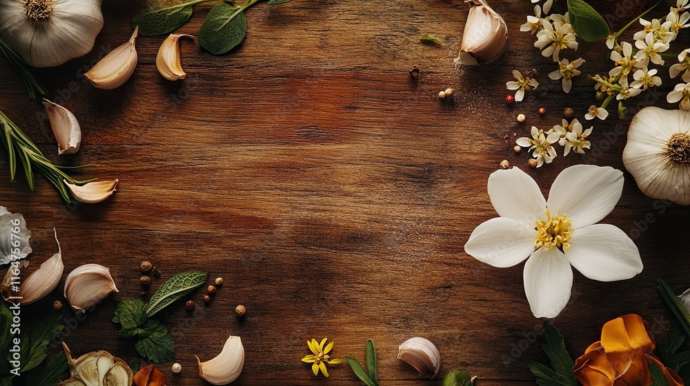 Fototapeta premium Wooden background with herbs, garlic, and flowers.