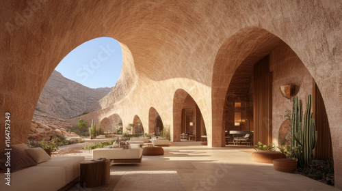 Massing, A spacious interior featuring arched architecture, natural materials, and desert views, creating a serene and stylish ambiance.