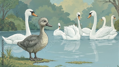 Lonely gray duckling gazes at reflection elegant white swans glide gracefully in background