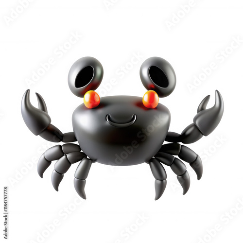 A charming 3D model of a black crab with a happy expression, featuring round eyes and raised claws, ideal for digital art or animations. photo