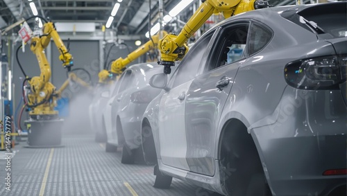 Wallpaper Mural Robotic arms precision painting car doors on assembly line creating mist of paint droplets Torontodigital.ca