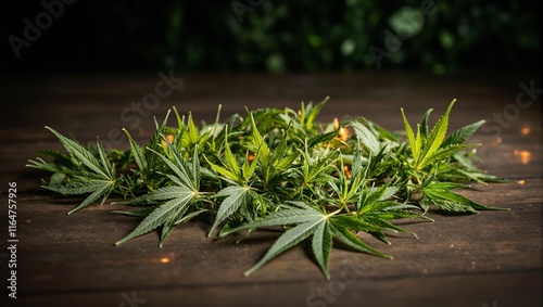 Magical green cannabis leaves on wooden table with golden veins against dimly lit backdrop photo