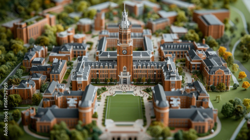 Massing, A detailed miniature model of a university campus showcasing intricate architecture and landscaped areas with a prominent clock tower in the center.