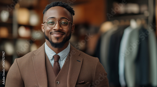 confident man in stylish brown suit and glasses smiles warmly, showcasing modern fashion sense. His well groomed appearance reflects professionalism and charm. photo