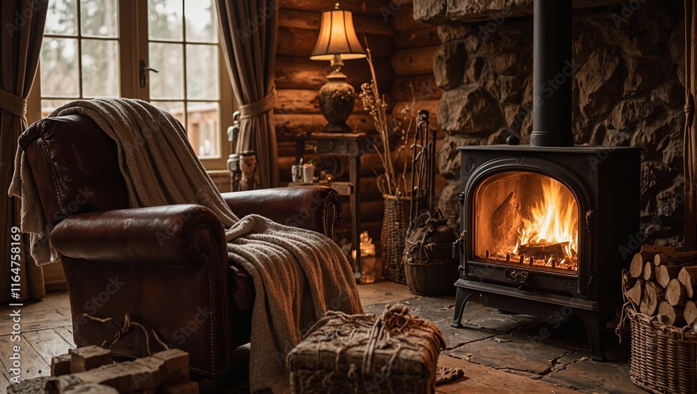 Warm cabin interior with crackling fireplace wool blanket on leather chair firewood stack Warm cabin interior with crackling fireplace wool blanket on leather chair firewood stack