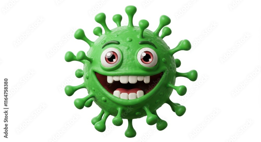 Cheerful cartoon virus character with big eyes and green spikes Cheerful cartoon virus character with big eyes and green spikes