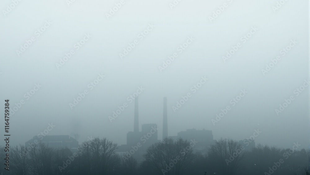 Industrial chimneys shrouded in dense smog at sunrise conveying environmental pollution Industrial chimneys shrouded in dense smog at sunrise conveying environmental pollution