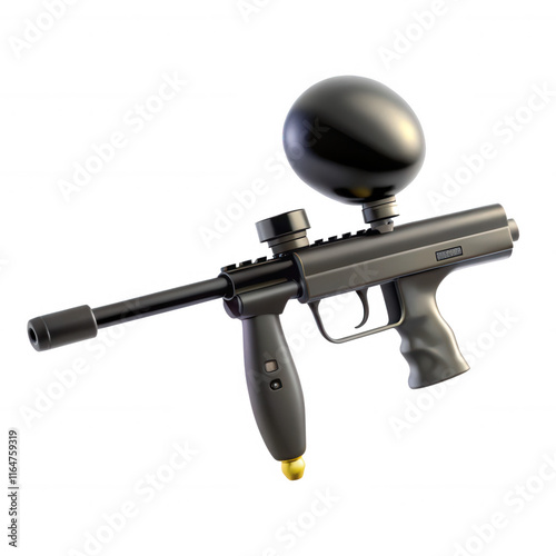 A realistic 3D render of a black paintball gun with a sleek design. Ideal for gaming or sports-related projects.