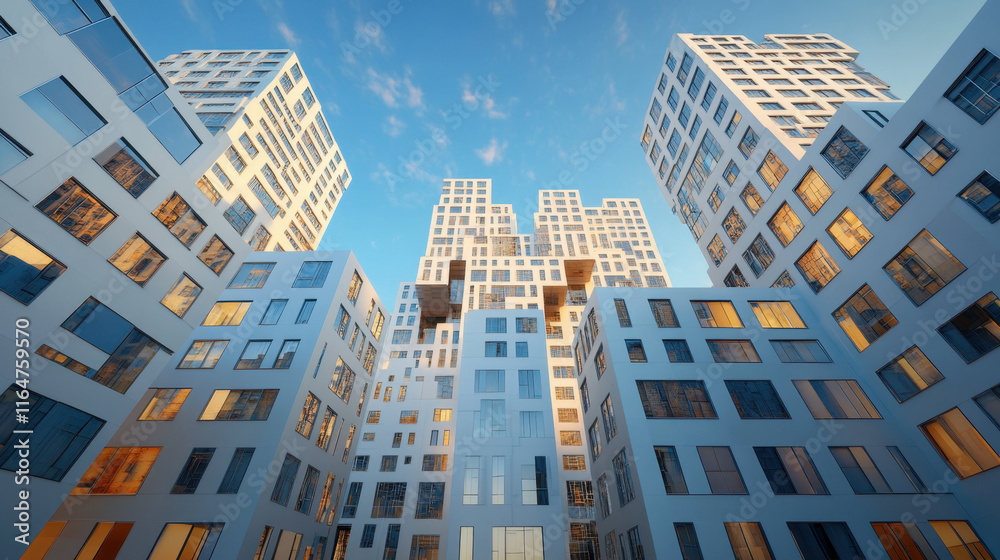 Obraz premium Massing, Modern buildings rise towards a clear blue sky, showcasing unique architectural designs and numerous windows reflecting the light.
