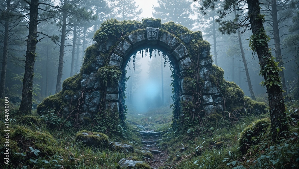 Obraz premium Enchanted stone portal with vines moss and blue glow in misty forest clearing at dawn