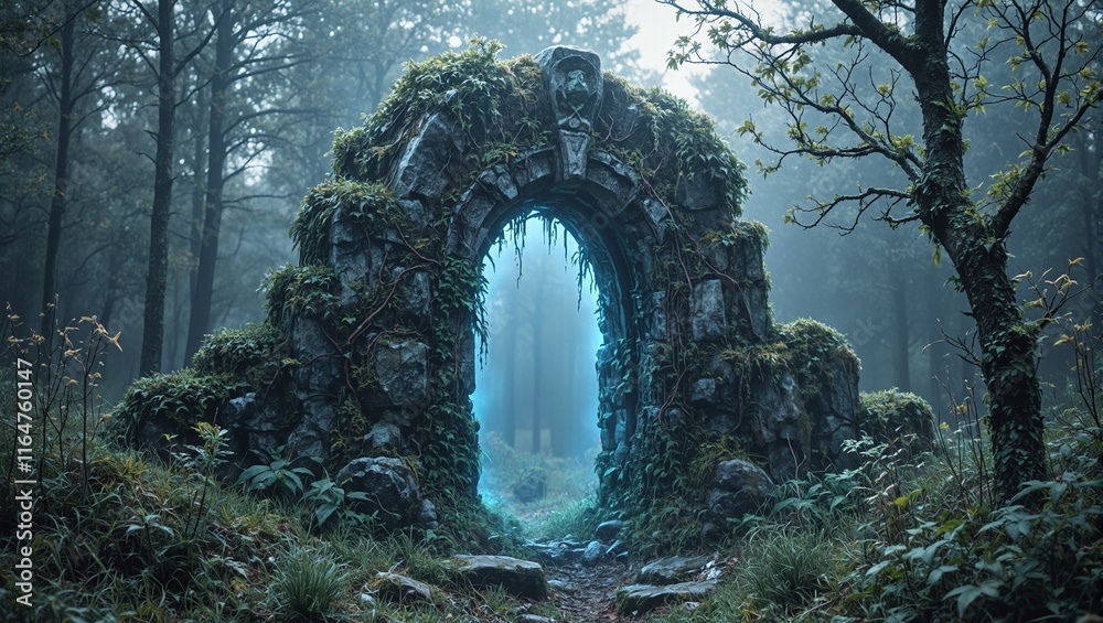 Obraz premium Enchanted stone portal with vines moss and blue glow in misty forest clearing at dawn