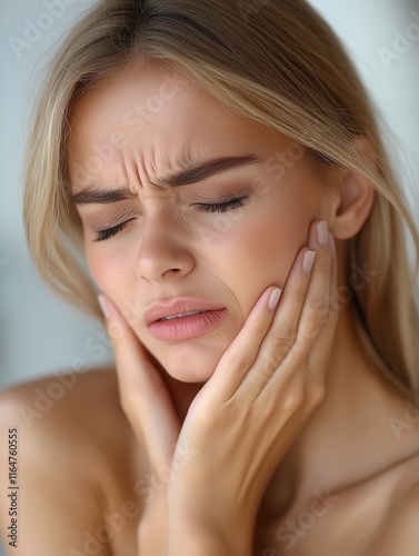 Woman experiencing jaw pain holds her face. Potential use for dental health articles or ads for pain relief products.