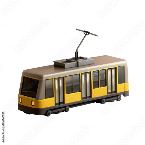 A modern 3D model of a yellow tram with sleek design, showcasing windows and a front-mounted trolley pole. Perfect for urban renderings and icon designs.