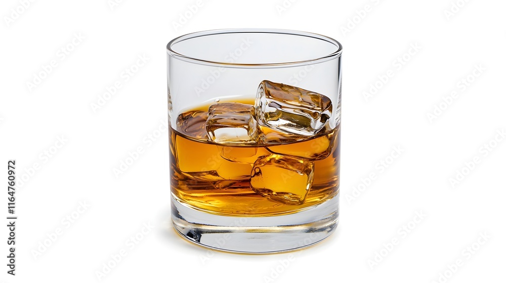 Crystal clear glass filled with amber whiskey and perfectly cut ice cubes, classic cocktail on a white background, minimalist design showcasing premium liquor in style Crystal clear glass filled with amber whiskey and perfectly cut ice cubes, classic cocktail on a white background, minimalist design showcasing premium liquor in style