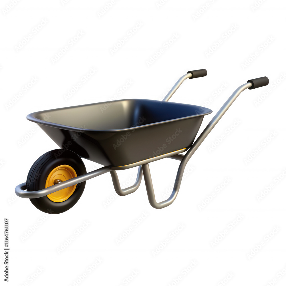 A realistic 3D render of a wheelbarrow featuring a black container, metal frame, and a yellow wheel, ideal for construction or gardening. A realistic 3D render of a wheelbarrow featuring a black container, metal frame, and a yellow wheel, ideal for construction or gardening.