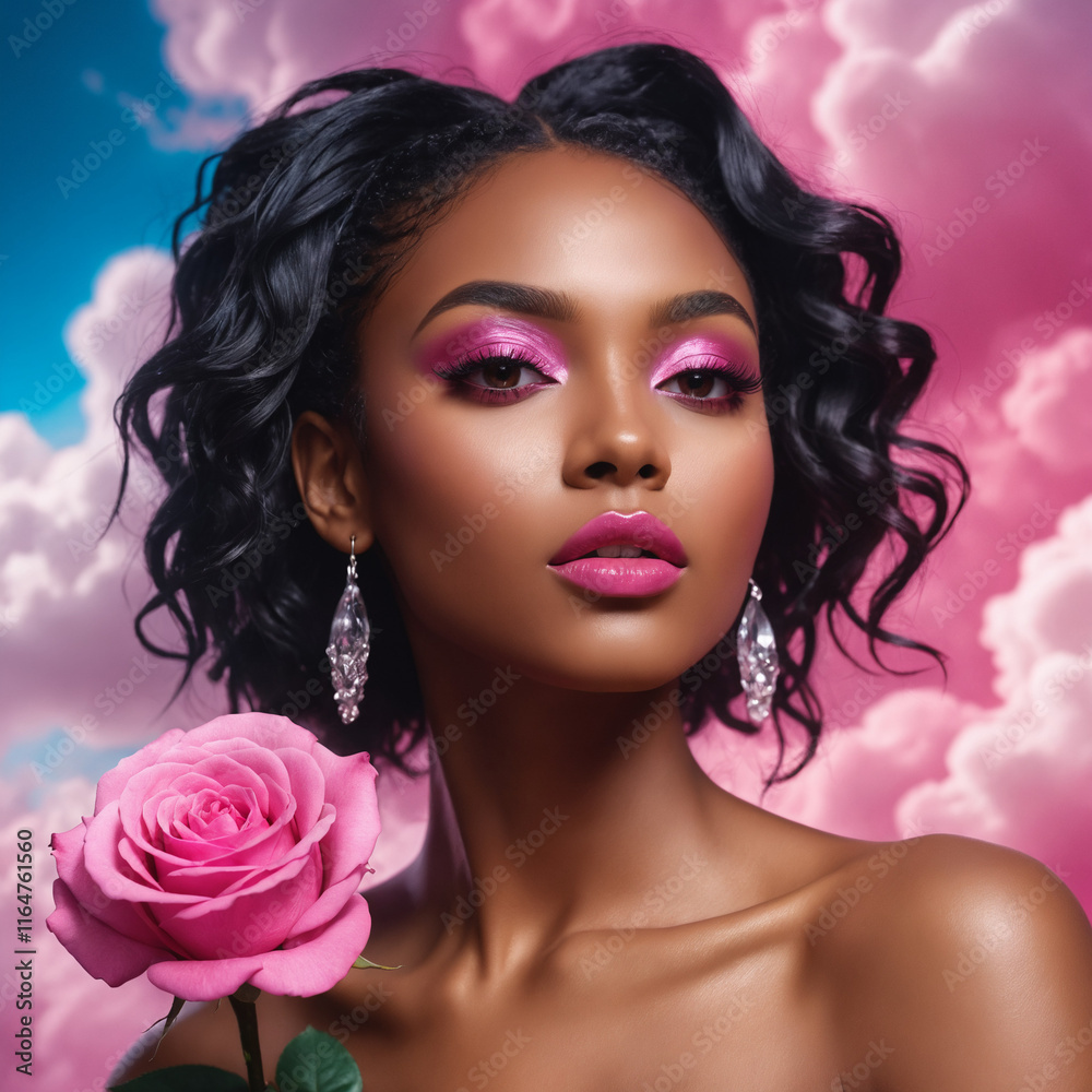 Naklejka premium pink clouds behind black woman with pink roses