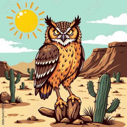 A rugged wild-west owl perched on a cactus photo