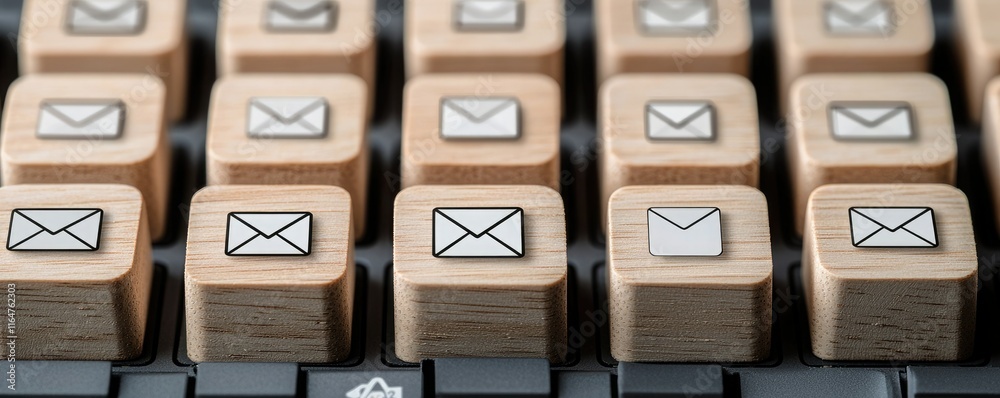 A close-up of a keyboard featuring wooden keys with envelope icons, symbolizing email communication and digital interaction. A close-up of a keyboard featuring wooden keys with envelope icons, symbolizing email communication and digital interaction.