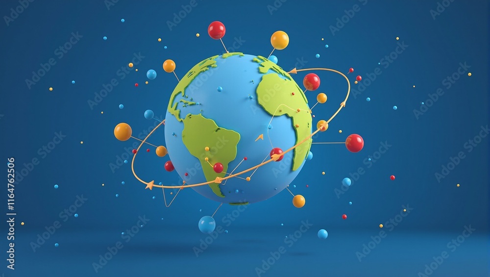 Naklejka premium Global marketing strategy concept with spinning 3D globe colorful dots and arrows