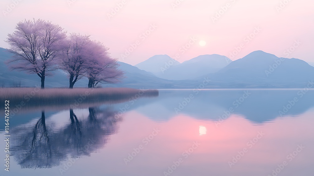 Pink Blossom Trees Reflected in Calm Lake at Sunrise Pink Blossom Trees Reflected in Calm Lake at Sunrise