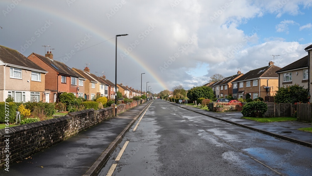 Fototapeta premium Serene suburban scene post rain with colorful houses puddles and a faint rainbow