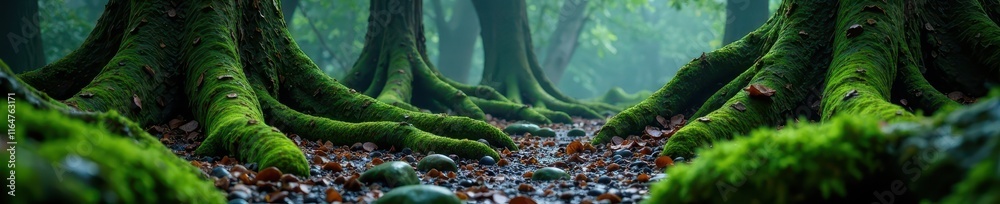 Moss-covered stones and twisted tree trunks in eerie gloom, nature, trees, forest Moss-covered stones and twisted tree trunks in eerie gloom, nature, trees, forest