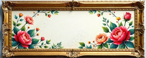 Ornate gold frame surrounding a colorful hand-painted floral photo in a classic style, vintage frames, decorative frames
