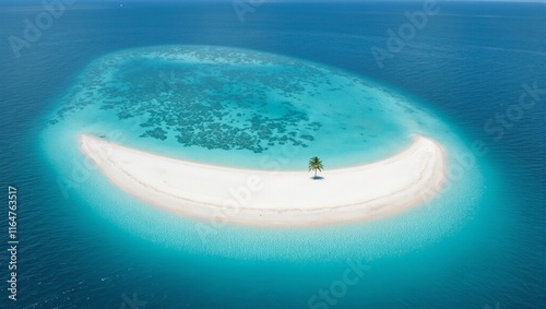 Tropical paradise crescent island white beach lone palm tree turquoise waters photo