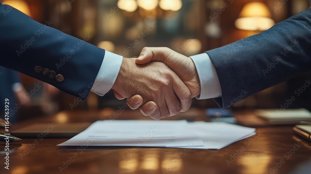 Business deal negotiation, documents being signed, professional setting, luxury office environment, focus on handshake and contract Business deal negotiation, documents being signed, professional setting, luxury office environment, focus on handshake and contract