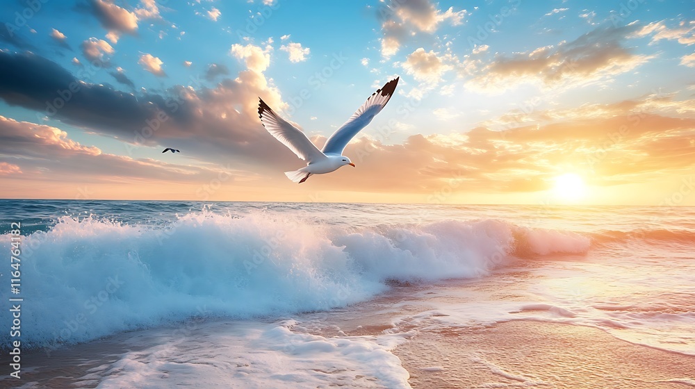Majestic Seagull Soaring at Sunset Over Ocean Waves Majestic Seagull Soaring at Sunset Over Ocean Waves