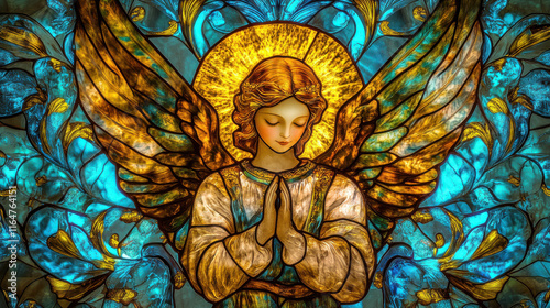 A vivid stained-glass depiction of a serene angelic figure, warm golden tones radiating from the angel, surrounded by intricate floral patterns glowing with vibrant blues and greens. Soft rays of sunl