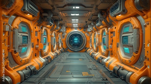 Fototapeta Naklejka Na Ścianę i Meble -  Orange spaceship corridor with glowing blue portal. Ideal for sci-fi game environments or film backdrops.