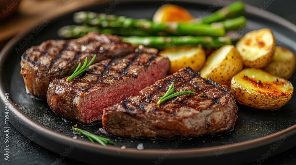 Grilled steak with char marks, served with roasted potatoes and asparagus, elegant plate presentation, rich and savory food vibe Grilled steak with char marks, served with roasted potatoes and asparagus, elegant plate presentation, rich and savory food vibe