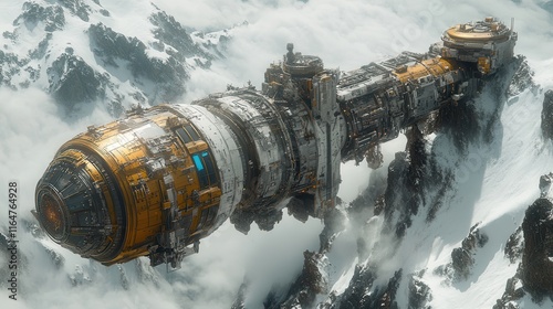 A rugged spaceship navigates a snowy mountain range. Ideal for science fiction scenes, book covers, or concept art exploring themes of exploration and survival. photo