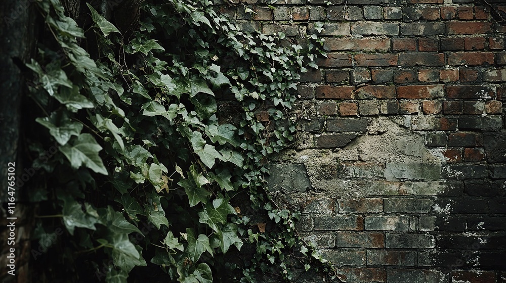 Old brick wall adorned with ivy showcasing organic and angular textures Old brick wall adorned with ivy showcasing organic and angular textures