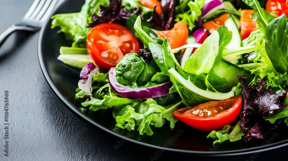 Close-up of a mixed salad beautifully served on a plate in a restaurant Close-up of a mixed salad beautifully served on a plate in a restaurant