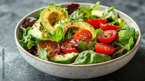 Salad bowl with fresh greens, avocado, cherry tomatoes, and vinaigrette, vibrant and healthy, minimalist presentation, white ceramic bowl