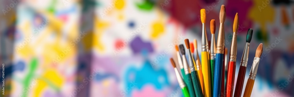 Fototapeta premium Colorful paintbrushes arranged in a creative display conveying a sense of artistic expression and community involvement, set against a vibrant, abstract background representing volunteering