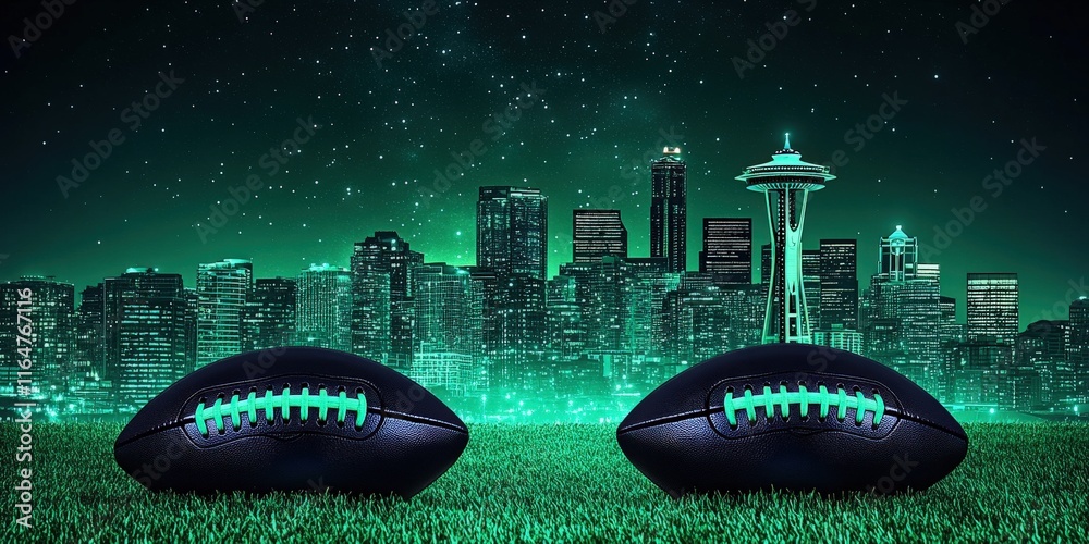Obraz premium Iconic Seattle Skyline Overlooking Dual Black Footballs on Vibrant Green Field Under Night Sky in Stunning Urban Sports Landscape