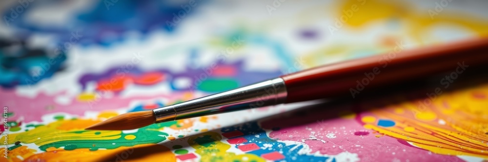 Obraz premium Colorful paint splashes with a brush emphasizing creative expression and community involvement during a volunteering event in a vibrant workspace