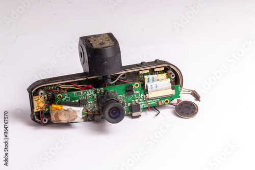 old damaged video recorder broken into pieces