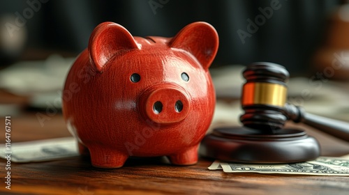 Red Piggy Bank and Gavel Rest on Dollar Bills