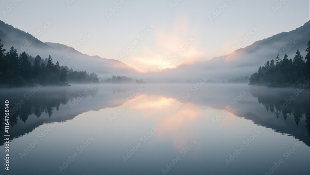 Fototapeta premium Tranquil mountain lake at sunrise with mist reflections of tall pines