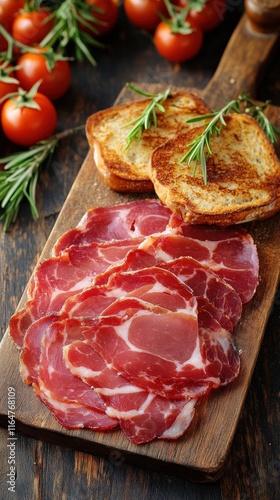 Delicious Prosciutto and Rustic Toast with Fresh Rosemary and Tomatoes on Wooden Board - Perfect Italian Charcuterie Served for a Gourmet Breakfast or Brunch