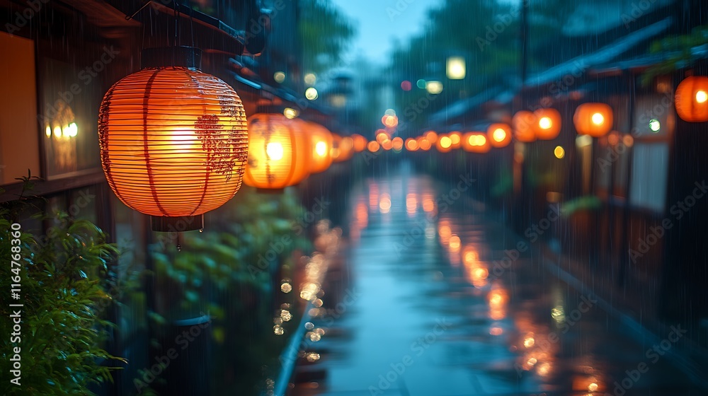 Illuminated Lanterns Line Rainy Japanese Street At Night Illuminated Lanterns Line Rainy Japanese Street At Night