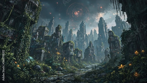 Eerie alien plants overtake desolate city with glowing orbs in the sky