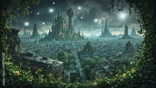 Eerie alien plants overtake desolate city with glowing orbs in the sky