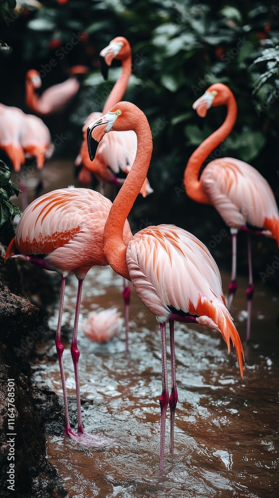 Obraz premium Vibrant Pink Flamingos in Tropical Habitat: Stunning Wildlife Photography of Flamingos Standing Gracefully in Natural Wetland Amid Lush Greenery